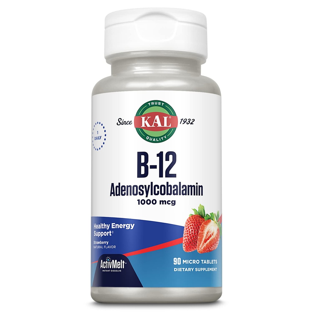 KAL Vitamin B12 Adenosylkobalamin 1000 mcg - B 12 Vitamin, Aktivní B-12 1000mcg pro ženy a muže, Energetická podpora - Jahodové aroma - 90 ActiveMelt Micro Tablety