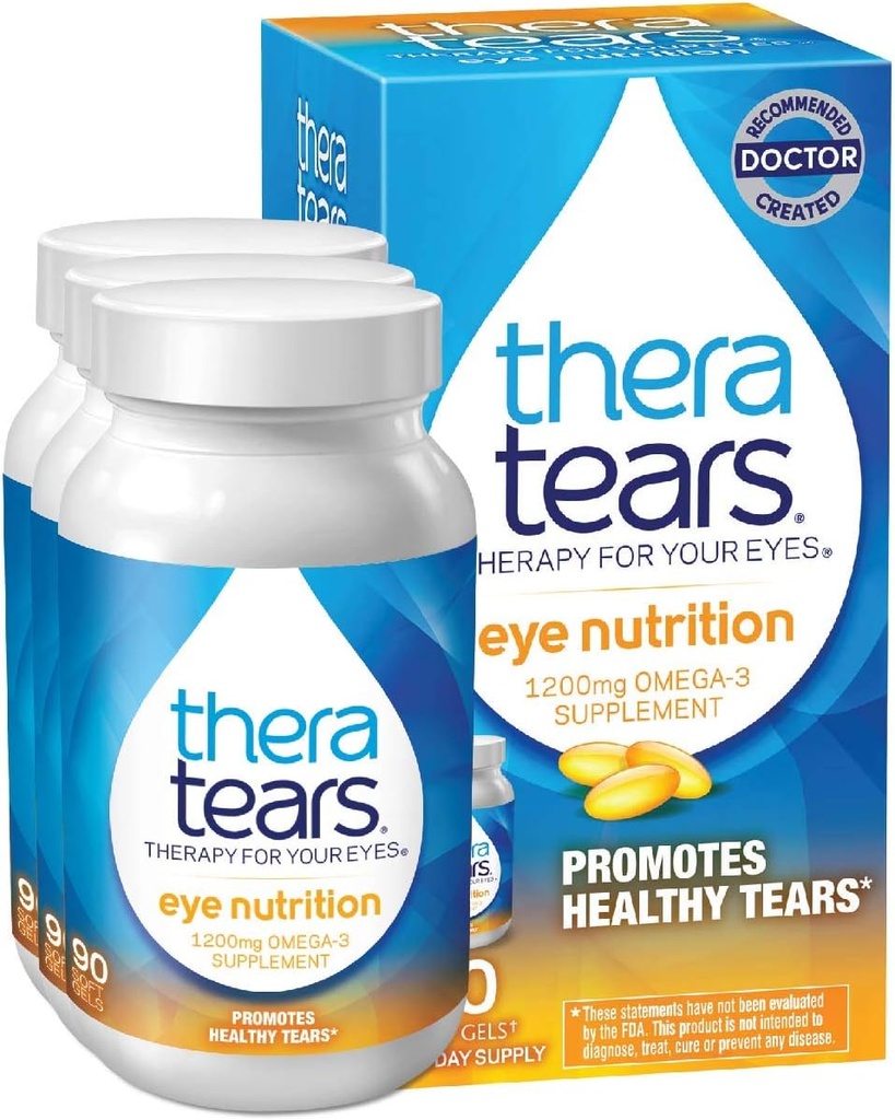 TheraTears 1200mg Omega 3 dodatek pro oční výživu, Organic Flaxseed Triglyceride Fish Oil a Vitamin E, 90 Počet (balení po 3)
