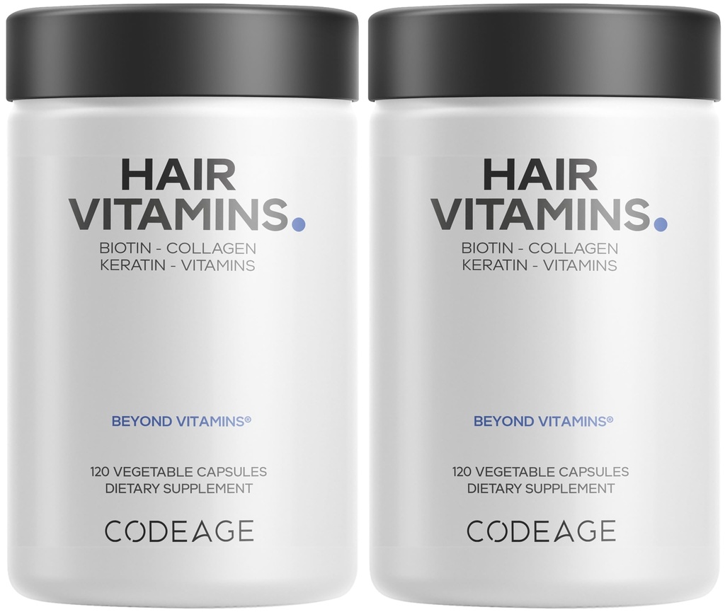 Kodeage Vlasové vitamíny 10000 mcg Biotin, Keratin, Kolagen, vitamin A, B12, C, D3, E, zinek, kurkuma, Probiotika, Enzymy, Inositol - Podpora péče o vlasy - Zdravé doplňky vlasů pilulky - 2 Pack