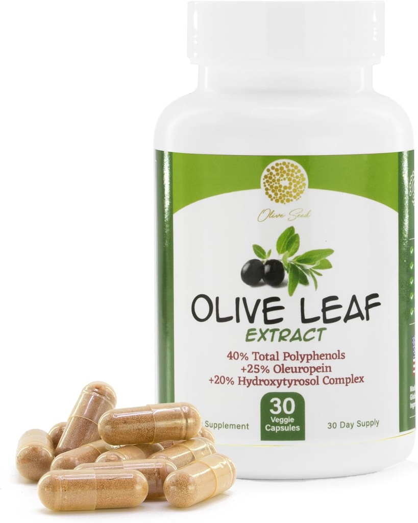 Olive Leaf Extract - 500mg - Doplněk Standardizovaný na 25% Oleuropein - 20% Hydroxytyrosol - 40% Polyfenoly - Non- GMO + Gluten Free + Dairy Free + Soy Free + Vegan (30 Kapsle)