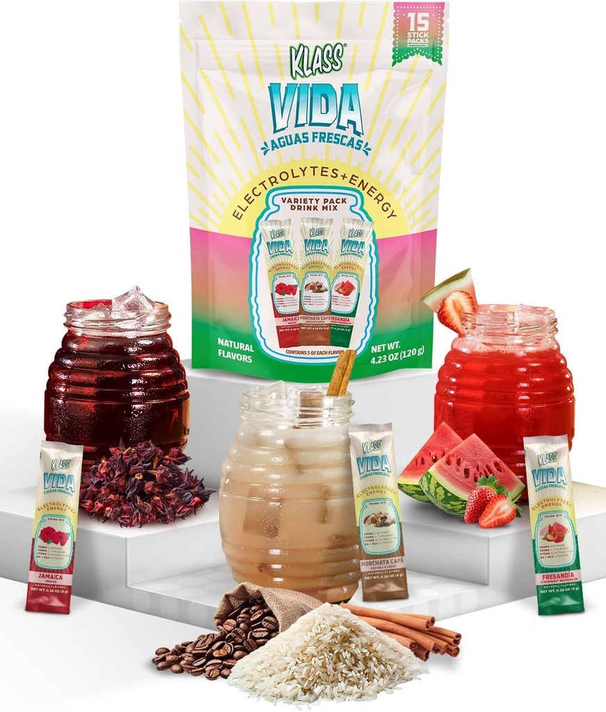 Hydratace + Energy Electrolyte Drink Mix - Variety Pack s Hibiscus, Coffee Horchata & Jahodový meloun, Sugar- Free with Caffeine, L- Theanine, Coconut Water & Minerals