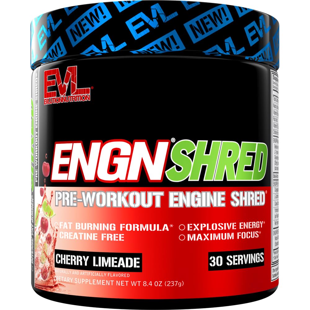 EVL Ultimate Pre Workout Powder - Termogenní spalovač tuků Předcvičení Powder Drink pro prodloužení energie Focus a Stamina - ENGN Shred Intense Fat Burning Creatine Free Preworking Drink - Cherry Limeade