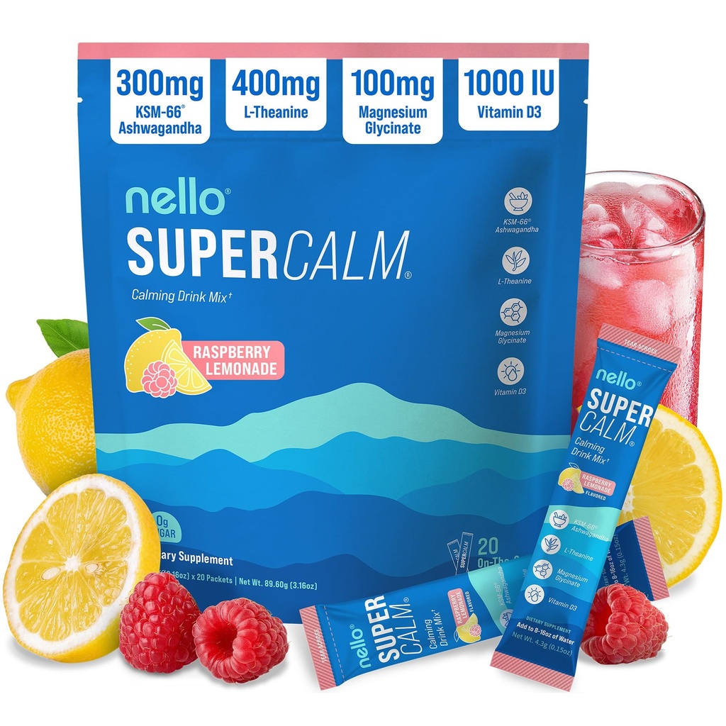 Nello Supercalm Powdered Drink Mix, Malina Lemonade, L Theanine, Ksm- 66 Ashwagandha, Magnesium Glycinát, Vitamin D 3, doplňky pro relaxaci a soustředění, No Sugar, Non GMO, On The Go, 20 Ct