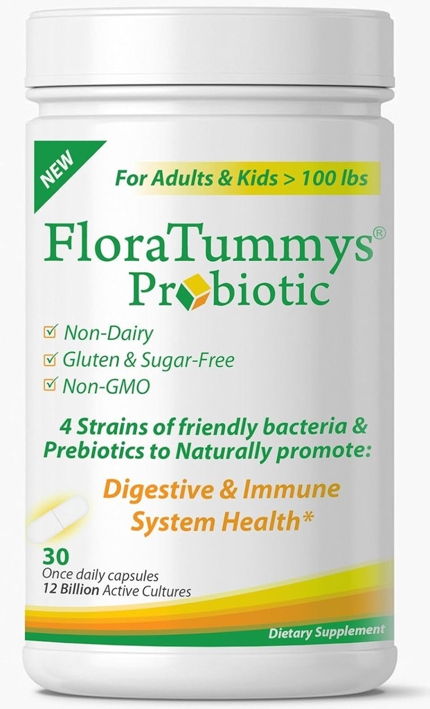 FloraTummys Best Probiotic pro ženy, muže a děti. 12 miliard CFU, 4 Probiotické proužky, Prebiotika, Non-GMO, Kosher, Non-Dairy, Gluten Free, Sugar Free, Made in USA