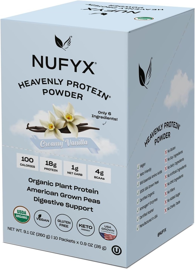 NUFYX ® • Nebeský protein ® Powder • Světově nejjemnější 100% organické americké pěstované hrušky • Vegan • Gluten zdarma • Nízký karb (krémová vanilka, Krabice 10 Packets)