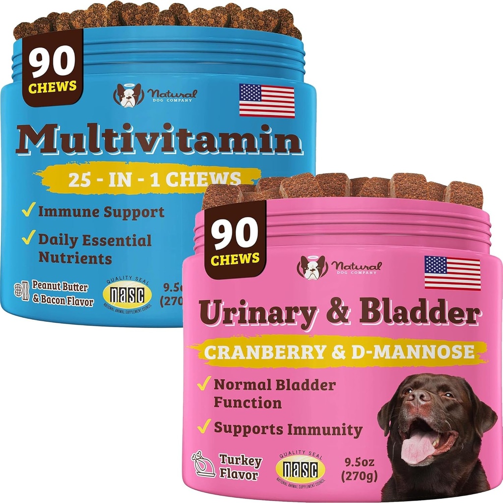 Natural Dog Company Urinary and Multivitamine Bundle - Podporuje močení Trakt, imunitní systém, společné zdraví, a energie - Essential Chews for Dogs 'celkové Well- Being and Vitality