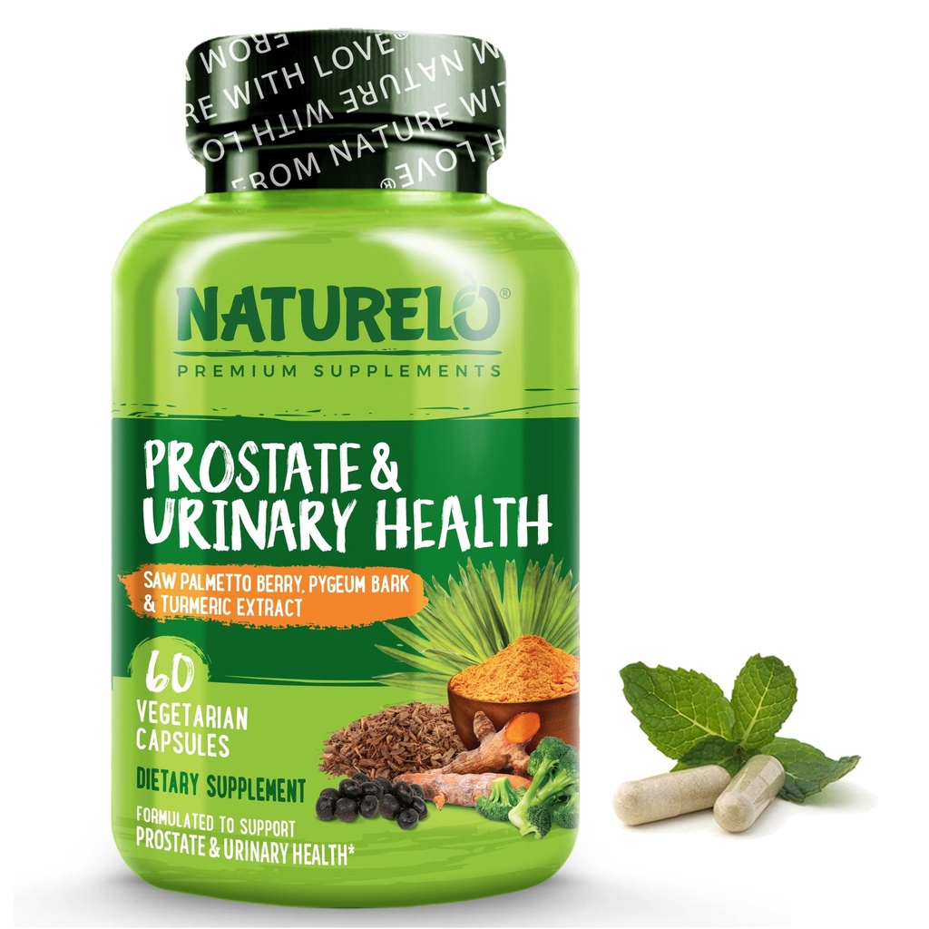 NATURELO Prostate & Urinary Health, Komplexní formule se Saw Palmetto, Pygeum, Tumeric, rostlinné steroly, brokolice a lykopenu, 60 Vegetariánských kapslí