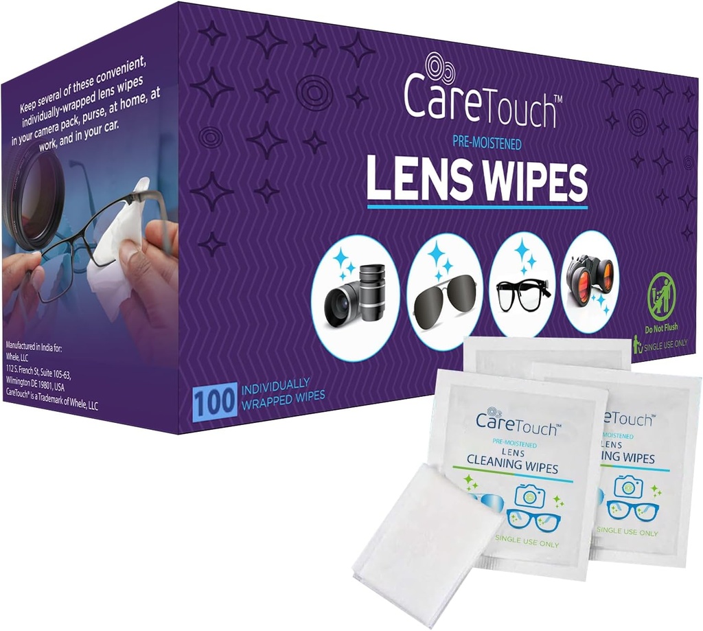 Péče Touch Lupy pro brýle a brýle - 100 Počet jednotlivě zabalené Pre- vlhčené ubrousky, 5 x 6 Inch - Camera Lens, sluneční brýle a brýle čistič, - Jemné a přenosné pro čištění optických zařízení