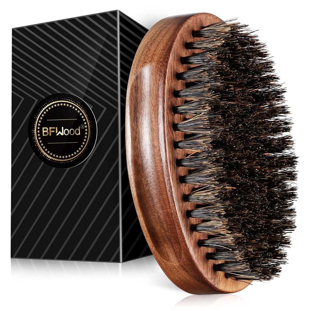 BFWood Boar Bristle Beard Brush - Black Wood Walnut Vojenský styl, Men 's Wooden Mustache Brush
