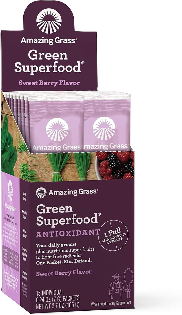 Amazing Grass Green Superfood Antioxidant: Super Green Powder with Spirulina, Elderberry & Probiotika, Sweet Berry, 15 Servings