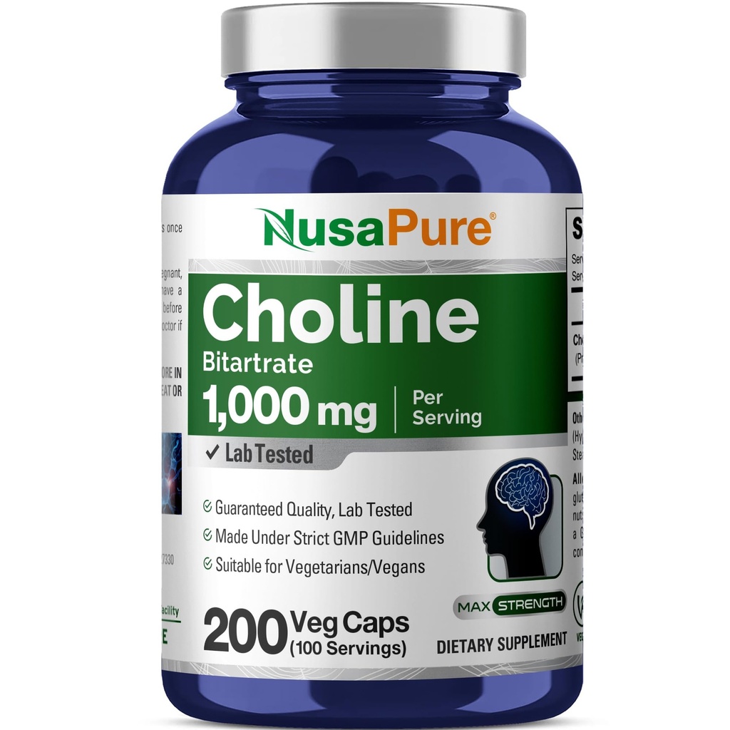 NusaPure Choline Bitartate 1000 mg 200 Veggie Kapsle (Vegan Vegetarian, Non- GMO)