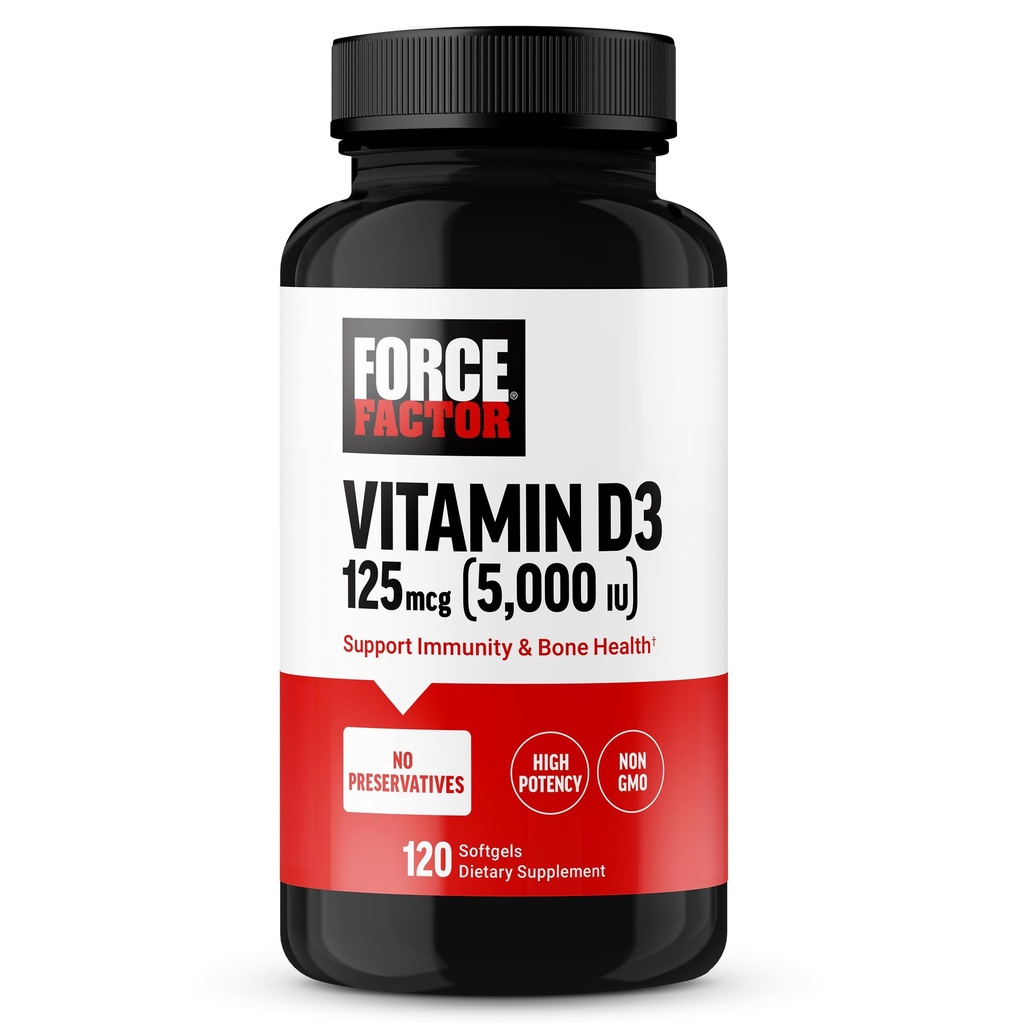 FORCE FACTOR Vitamin D3 5000 IU Softbels, High- potency vitamin D dodatek k podpoře imunity a zdraví kostí, Premium Quality, No Preservativs, 120 Softbels