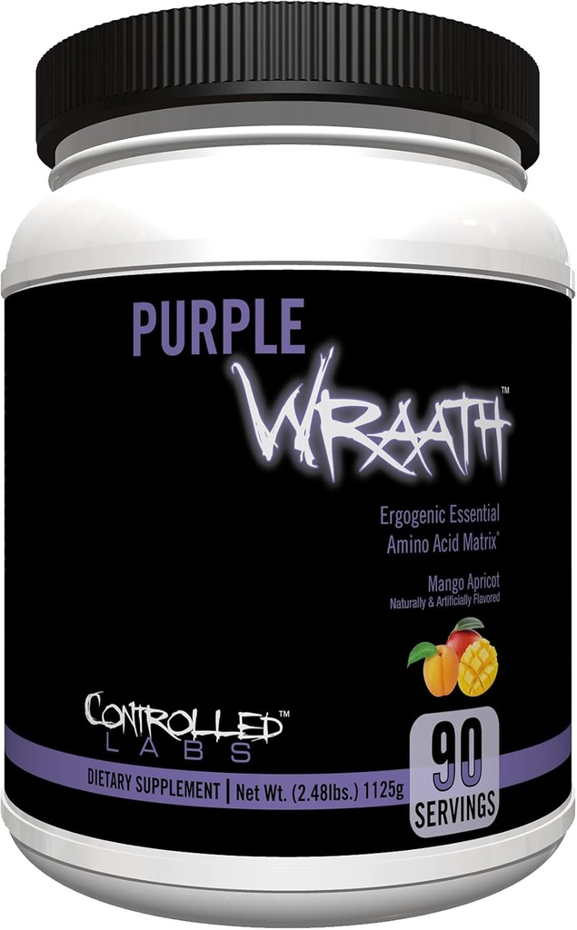 KONTROLOVANÁ LABS Purple Wrath, BCAA a EAA Amino Acid Supplement, with Endurance Blend Intra Workout Powder, Optimal Endurance, Focus, and Stamina (Mango Mercot, 90 Servings)