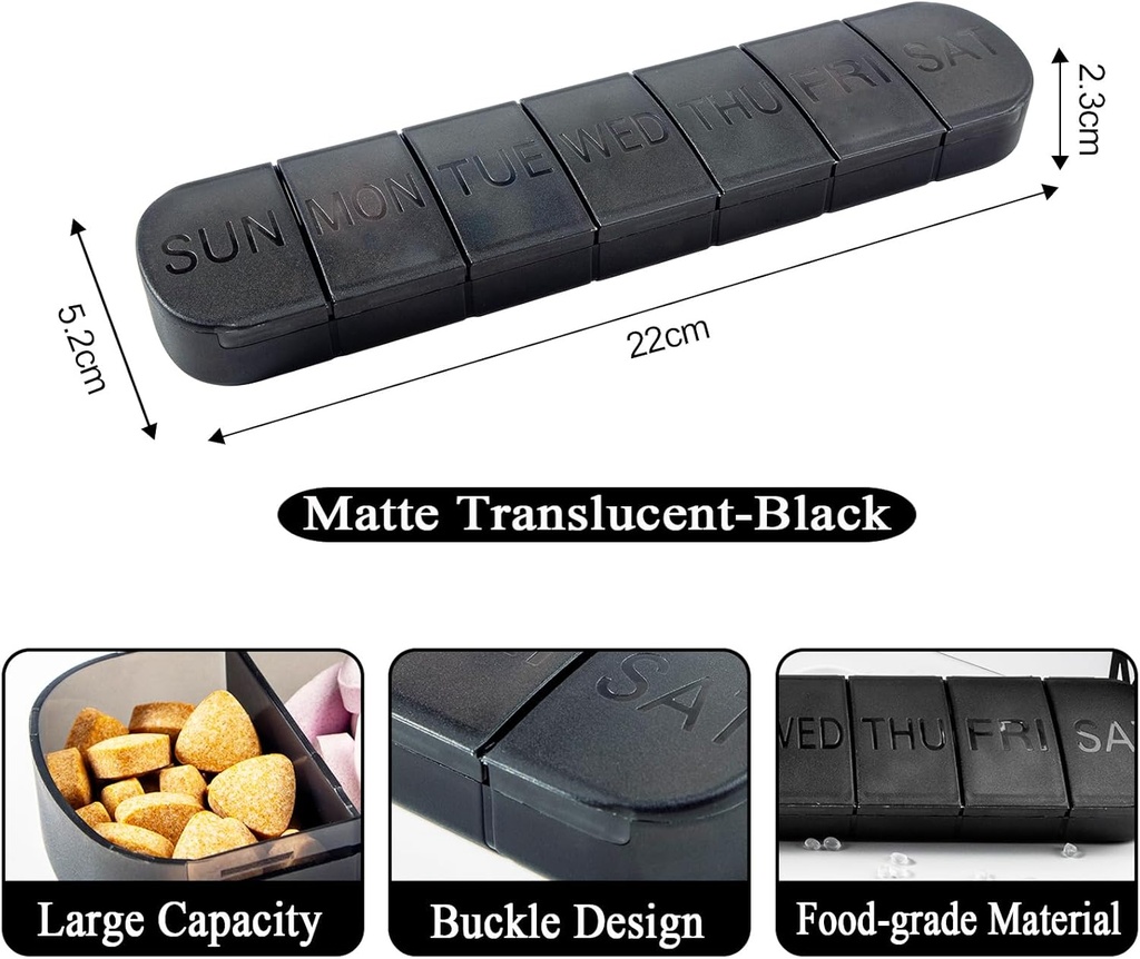 Pill Organizátor Velký, Týdenní 7-denní Vitamíny Případ Dipenser, Matte Black, Cestovní medicína Pilulka Držák box Kontejner na léky, Léky a minerály, Doplňky, Rybí olej, Kapsle, Tablet