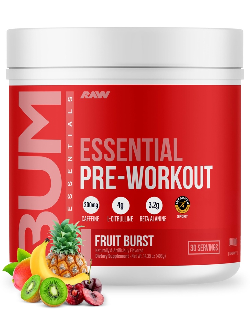RAW Essential Pre- Workout Powder (Fruit Burst) - Chris Bumstead Sports Nutrition Dodatek pro muže a ženy - Předcvičení Energy Powder s kofeinem, L-Citrulline, L-Tyrosin, Beta Alanin Blend