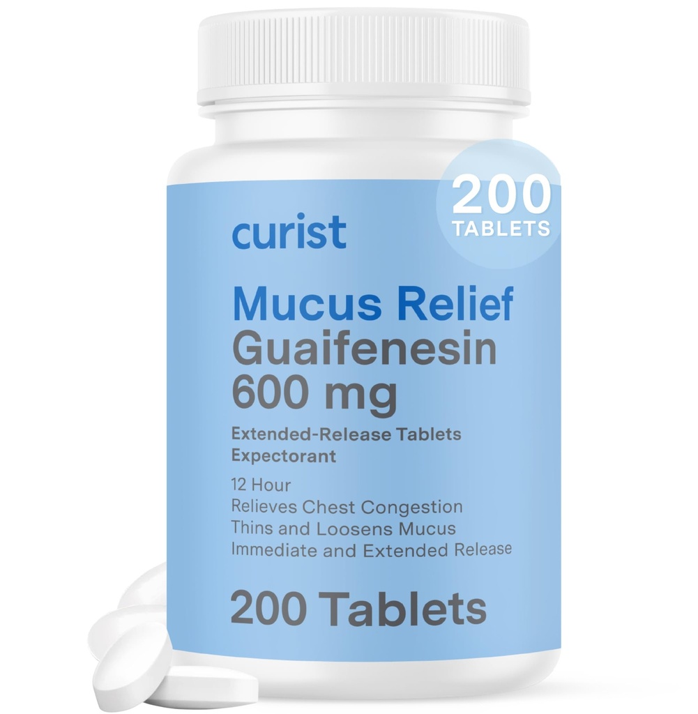 Curist Guaifenesin 600 mg Extended Release Tablety (200 Dye- Free Tablety) - Expectorant Mucus Relief, Generic Guaifenesin 600 mg, (Bulk Pack)