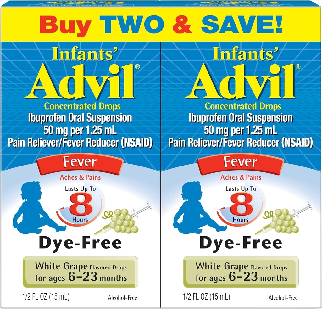 Advil Liquid Pain Reliever and Baby Fever Reducer, Infant Ibuprofen Bary Free Pain Relief and Fever Medicine, White Grape - 0.5 Fl Oz (2 Pack)