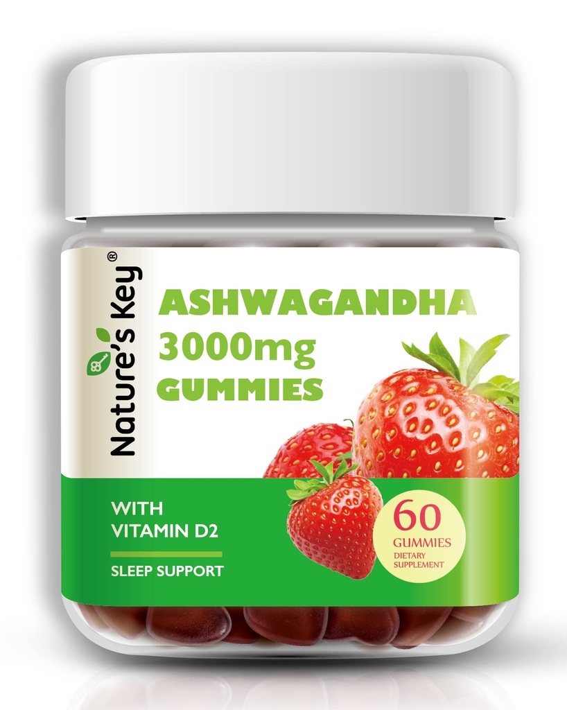 Příroda 's Key Ashwagandha Gummies, 3000mg High Potency Ashwagandha Root Extract with Vitamin D2, Stress, Calm Mood & Cognition, pro muže a ženy, Jahodová příchuť (60 Počet balení po 1)