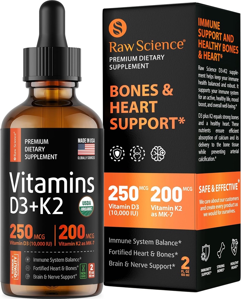 Tekutý vitamin D3 K2 10000 iu & 200 mcg - Vitamin D s MK7 Vitamin K2 Drops - Hustota kostí a podpora srdce tekuté vitaminy pro ženy a muže, vysoká absorpce Vit K2 D3 vitaminové doplňky - 2 fl oz