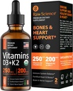 Tekutý vitamin D3 K2 10000 iu & 200 mcg - Vitamin D s MK7 Vitamin K2 Drops - Hustota kostí a podpora srdce tekuté vitaminy pro ženy a muže, vysoká absorpce Vit K2 D3 vitaminové doplňky - 2 fl oz