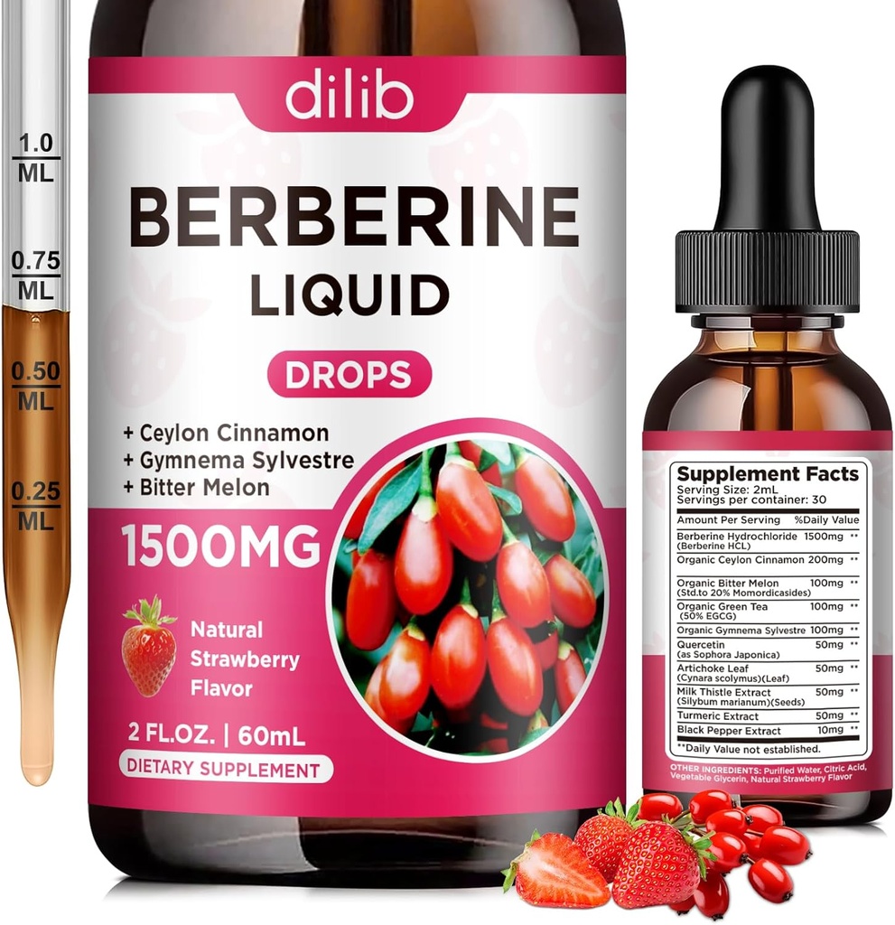 Berberine Supplemente Liquid Drops - Berberine HCL 1500mg s Ceylon Cinnamon, Bitter Melon, Gymnema Sylvestre pro imunitní, Digestion System & Heart Health, Natural Strawberry Flavor, 2 Fl Oz
