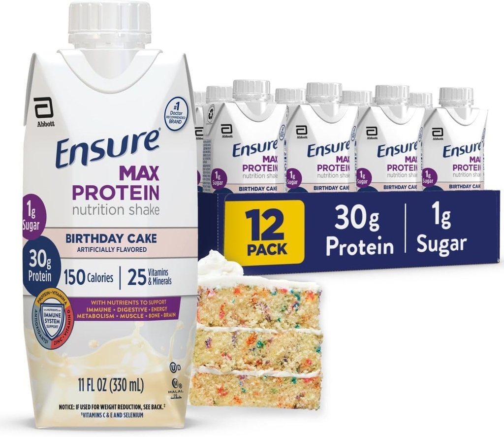 Zajistit Max Protein Shake 124; Narozeninový dort 124; Připravený k pití 124; 30g protein pro svalové zdraví 124; 1g Cukr, 4g Fiber OF 124; 11 fl oz, 12 Pack