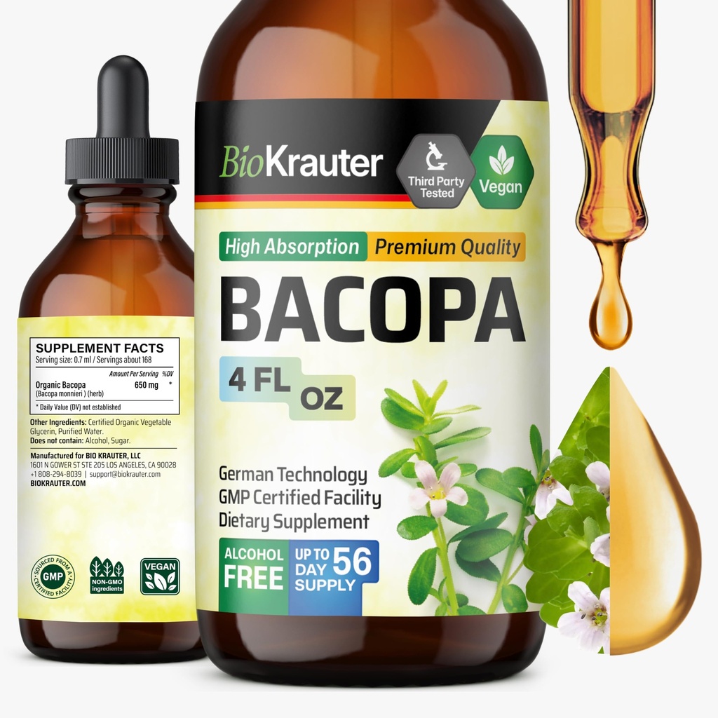 BIO KRAUTER Bacopa Monnieri dodatek Liquid - Brahmi Brahmi - Alkohol & cukr Liquid Bacopa Herb Drops 4 Fl.Oz.