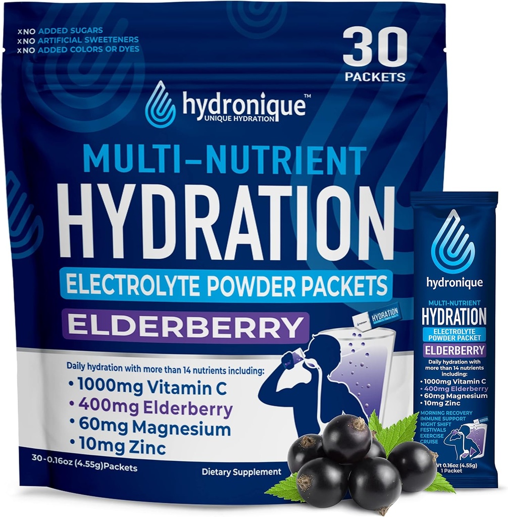 Hydronique Hydratace Balení 124; Nízké sodné elektrolyty Prášek 124; 54mg sodné roztoky 124; Vitaminy, minerály, antioxidanty 124; Elderberry Flavor (30 balení)