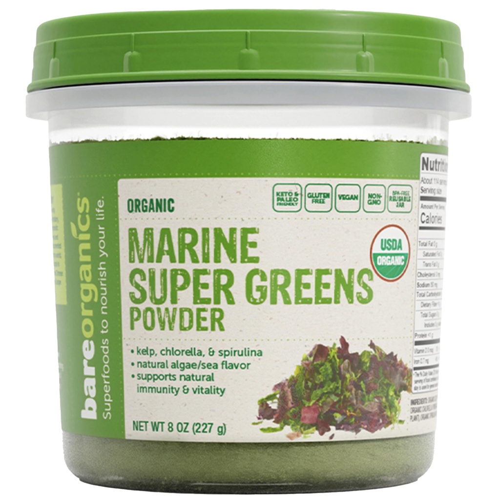 BareOrganics Marine Super Green Powder - USDA Organic, Vegan, gluten- Free, Non-GMO, BPA- Free, Superfood Powder with Organic Kelp, Spirulina & Chlorella - 8 oz