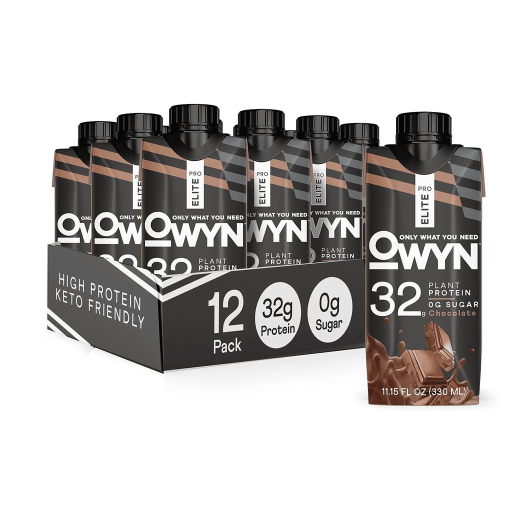 OWYN Pro Elite Vegan High Protein Shake, Chocolate, 32g Plant Based Protein, with Fiber, Prebiotics, Superfoods Green, Workout and Recovery, 0g Net Carbs, Zero Sugar, Keto (12 Pack)