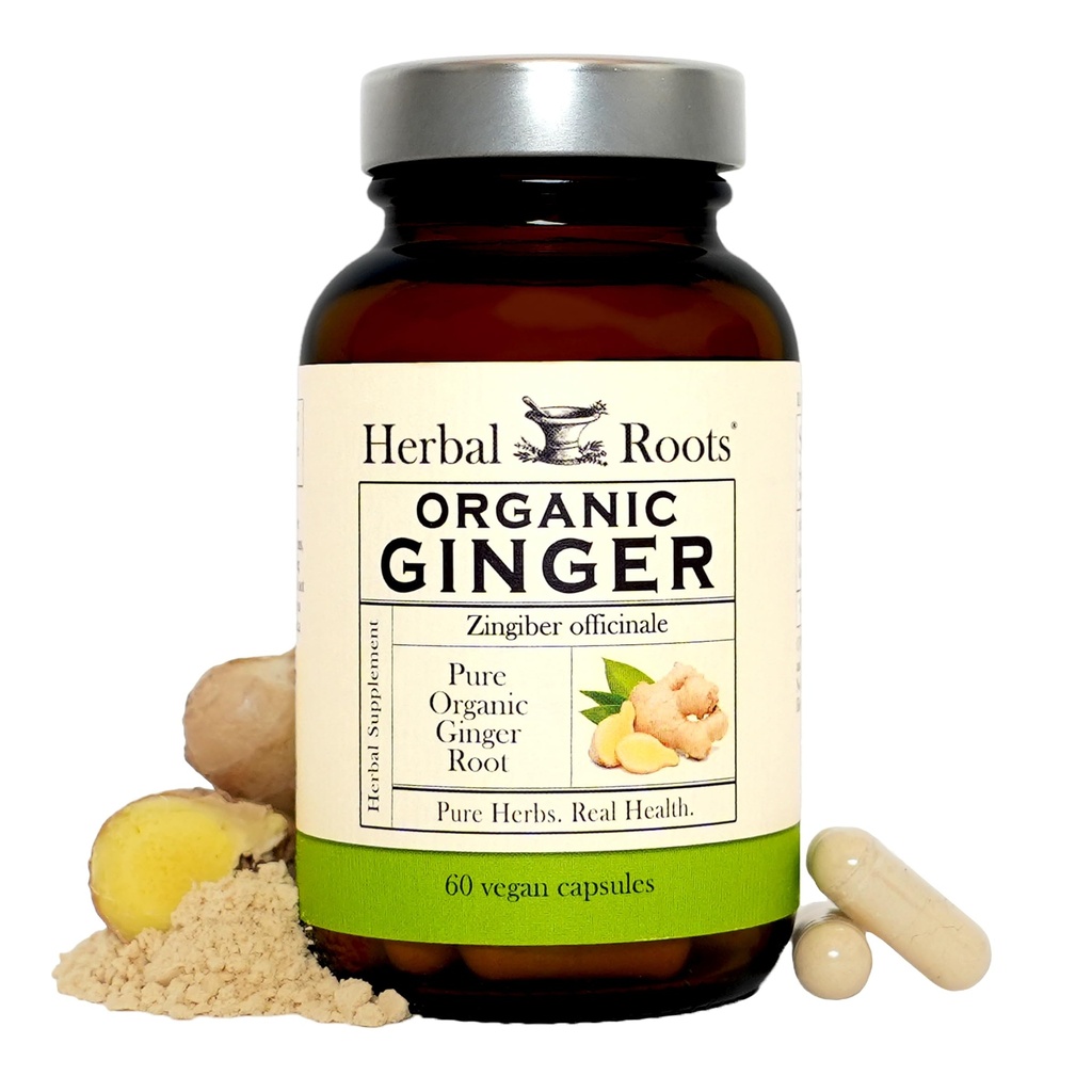 Herbal Roots Ginger dodatek 124; organické zázvorové kořenové kapsle 124; 1200 mg čistého zázvorového prášku na servírování 124; 60 Veganských kapslí