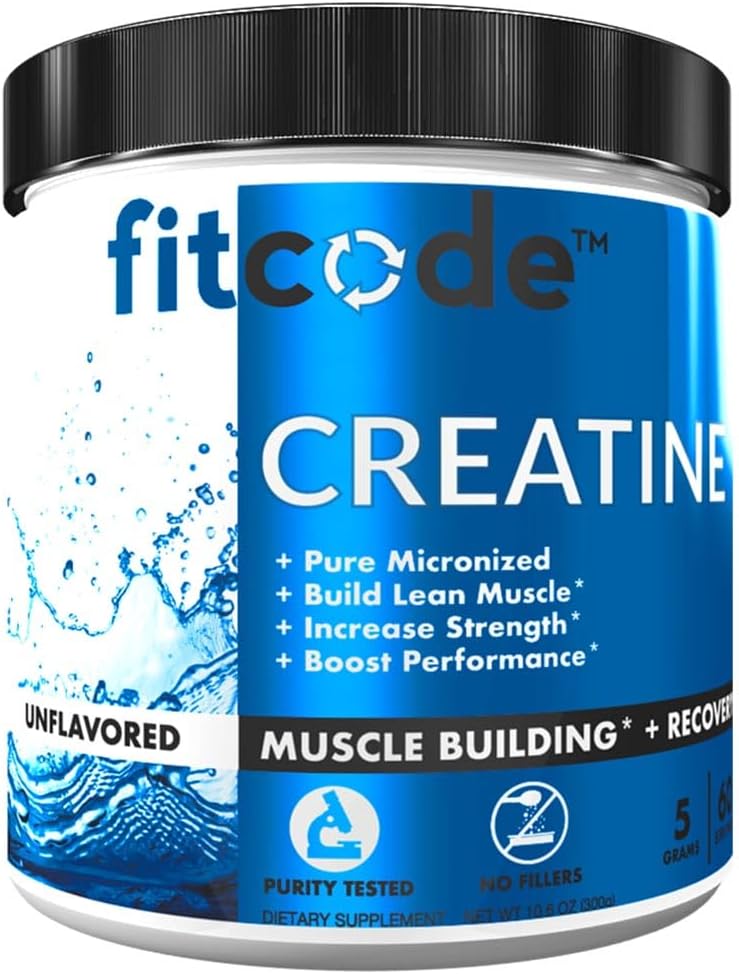 Fitcode Creatin Monohydrát 5 gramů čisté mikronizované Creatin Monohydrát pro budování svalů, zotavení, síla & Stamina, Neochucený prášek, 60 Služeb