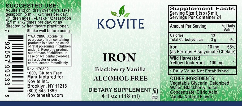 Liquid Iron 10 mg - Zvýšení hladiny energie a krve bez nausey nebo zácpy - Liquid Iron Kapky pro muže, ženy a děti - BlackBerry Vanilla Flavor - 4 fl oz. Kosher Certified