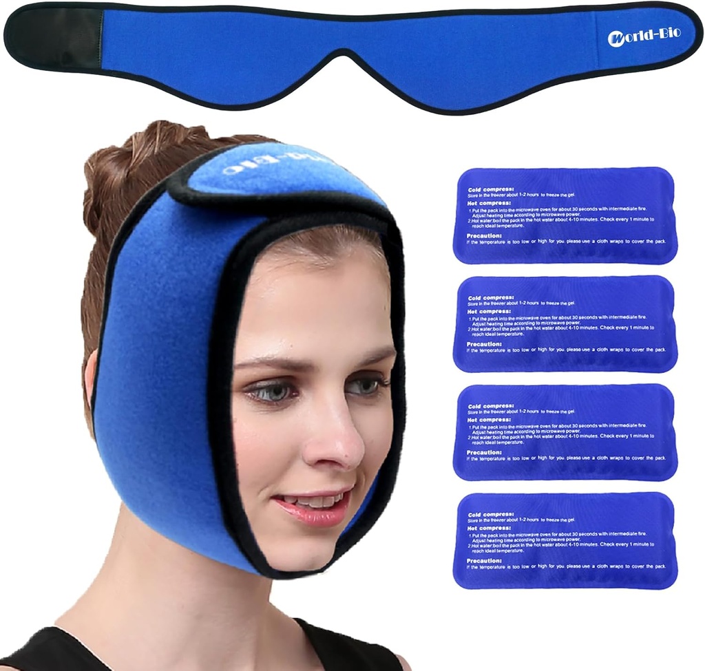 Face Ice Pack Wrap for TMJ, Wisdom Teeth, WORLD- BIO Jaw Wrap with 4 Reuse Hot Cold Therapy Gel Packs for Head, Chin, Oral and Facial Surgery, Pain Relief for Otok, Zranění, Zubní implantáty