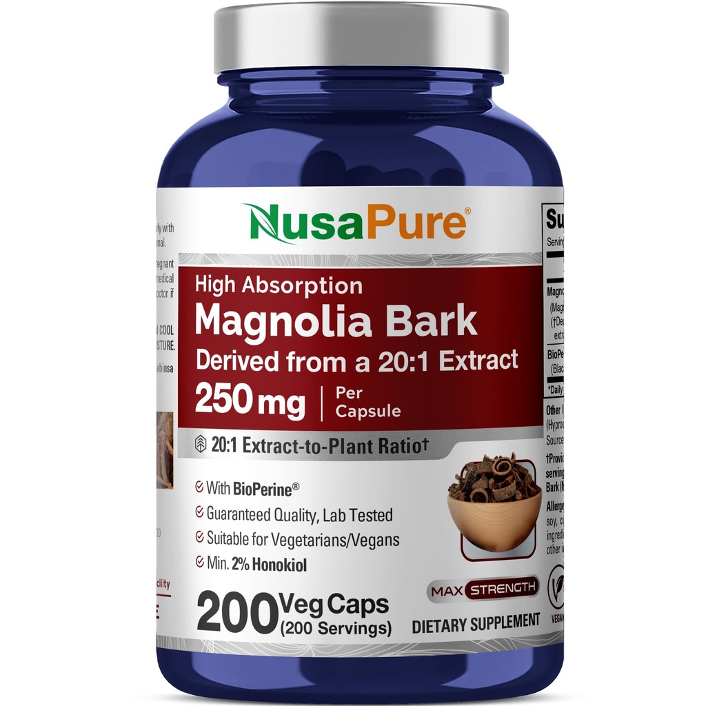 NusaPure Magnolia Bark 20: 1 Extract, 250 mg Ekvivalentní s 5000 mg 200 Veganských kapslí Non- GMO