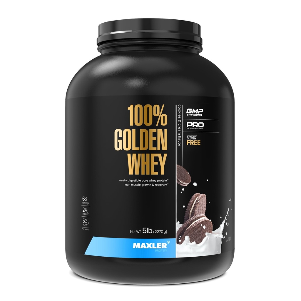 Maxler 100% Golden Syrovátkový protein - 24g proteinu per Serving - Premium syrovátkový protein prášek pro předpost cvičení - Fast- Absorbující syrovátkový koncentrát, izolát a hydrolyzát směs - Cookies & Cream 5 LB