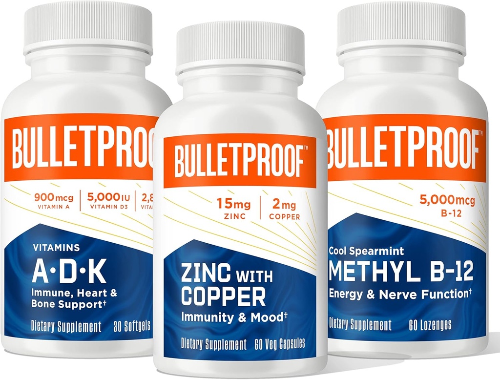 Neprůstřelný Triple Threat Size Bundle, Vitamíny A-D-K, 30 Softgels, Zinek s mědí, 60 Kapsle, Methyl B-12, Spearmint Flavor, 60 Lozenges