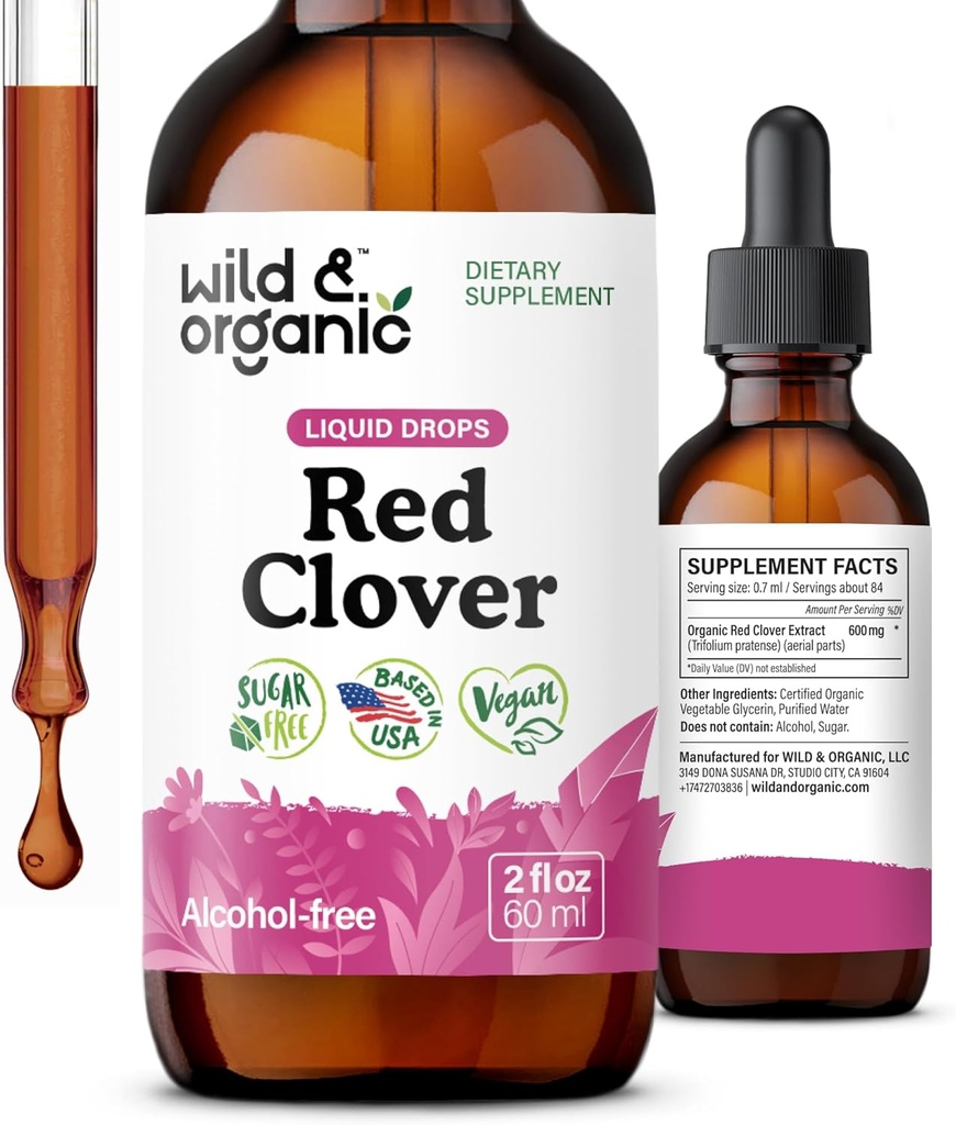 Divoké a organické červené jetele Extract Kapky - Menopauza Doplňky pro ženy - 600 mg tekuté červené jetele Tinktura - 1-Month Supply - Trifolium Pratense Blossom - Cukr & Alcohol- Free - 2 oz
