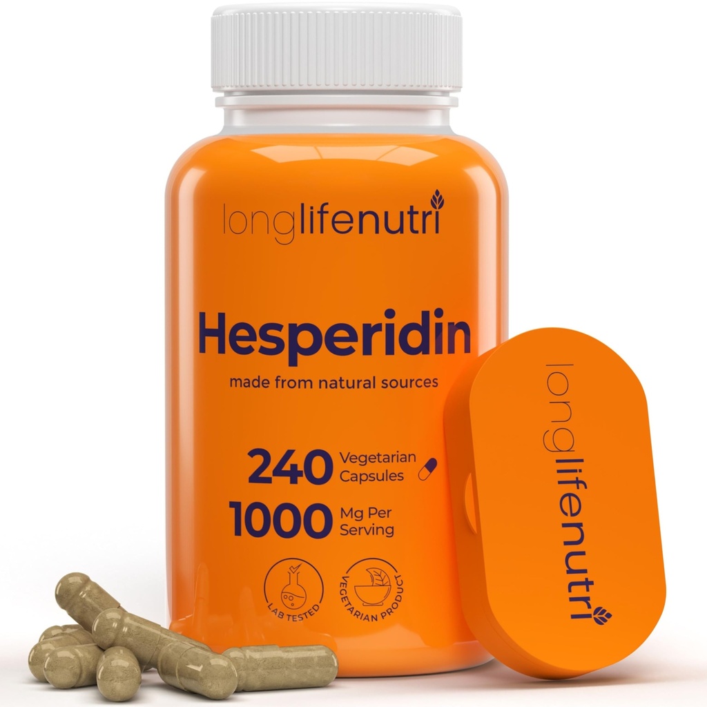 Hesperidin 1000mg, 240 Kapsle (4 měsíční dodávky), Podporuje kardiovaskulární zdraví, krevní tlak a cirkulace, imunitní podpora, potentní antioxidant a cévní funkce výhody, Vyrobeno v USA