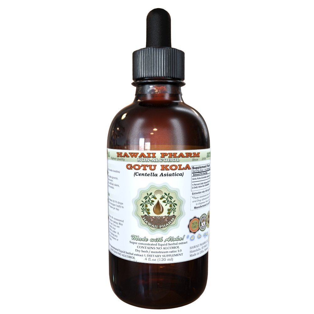 Gotu Kola Alcohol- Free Liquid Extract, Organic Gotu Kola (Centella Asiatica) Sušený Leaf Glycerite Hawaii Pharm Natural Herbal Dodatek 2 oz