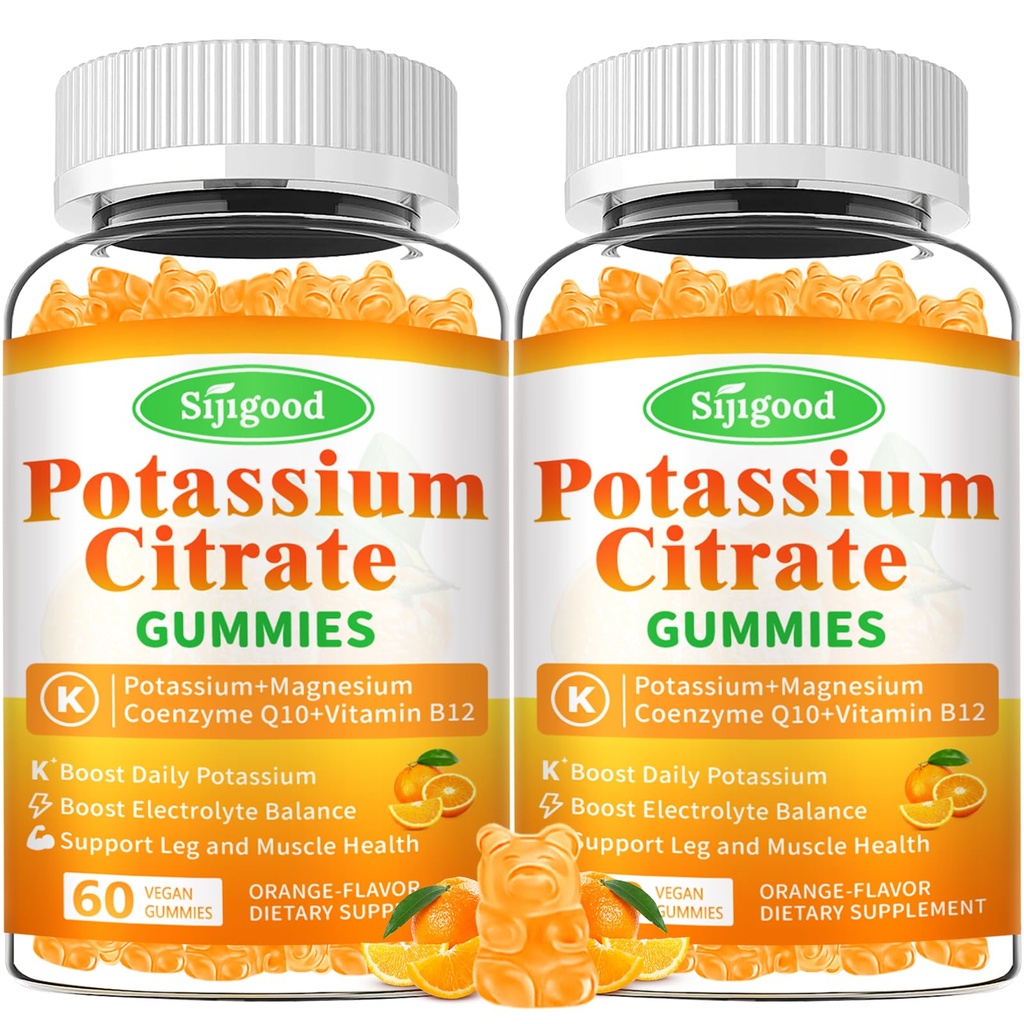 2 Pack kalium Citrát Gummies - High potency draslík dodatek pro svalové zdraví, Leg Cramp Relief, Electrolyte Balance - Vegan, Non- GMO, Gluten- Free, Orange Flavor, 120 Počet