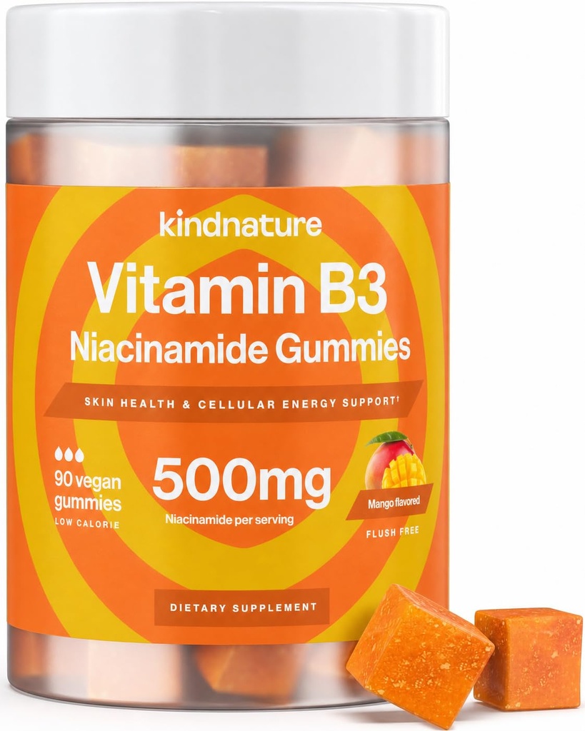 Příroda Vitamin B3 Niacin Gummies - Flush Free Niacinamid 500mg Dodatek - Vegan, Non- GMO, Low- Calorie, gluten- Free, Soy- Fee, 3. strana Lab Tested - 1 měsíc Dodávka, 90 Žvýkací gumy