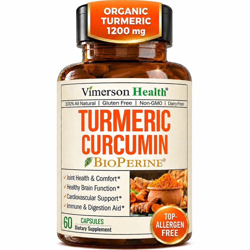 Kurkumin dodatek - 1200 mg Organic Turmeric + Tumerický extrakt (95% kurkuminoidy) pro společnou podporu a stravovací zdraví - Kurkumin s černým pepřem - 60 Kapsle