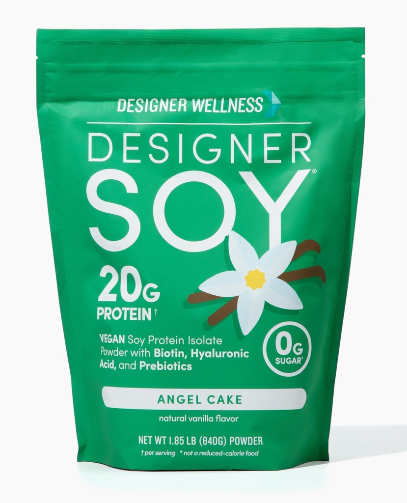 Designer Wellness, Soy Isolate Protein Powder with Biotin, Hyaluronic Acid, and Prebiotics, Vegan, 0 Cukr, Non- GMO, Angel Cake Vanilla, 1.87 lb