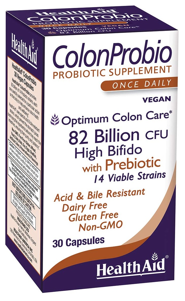 HealthAid ColonProbio 82 Milionů s Prebiotic, 14 Strains, Jednou denně, 30ct, Optimum Colon Care, Acid & Bile Resistant, Dairy Free, Gluten Free, Non- GMO