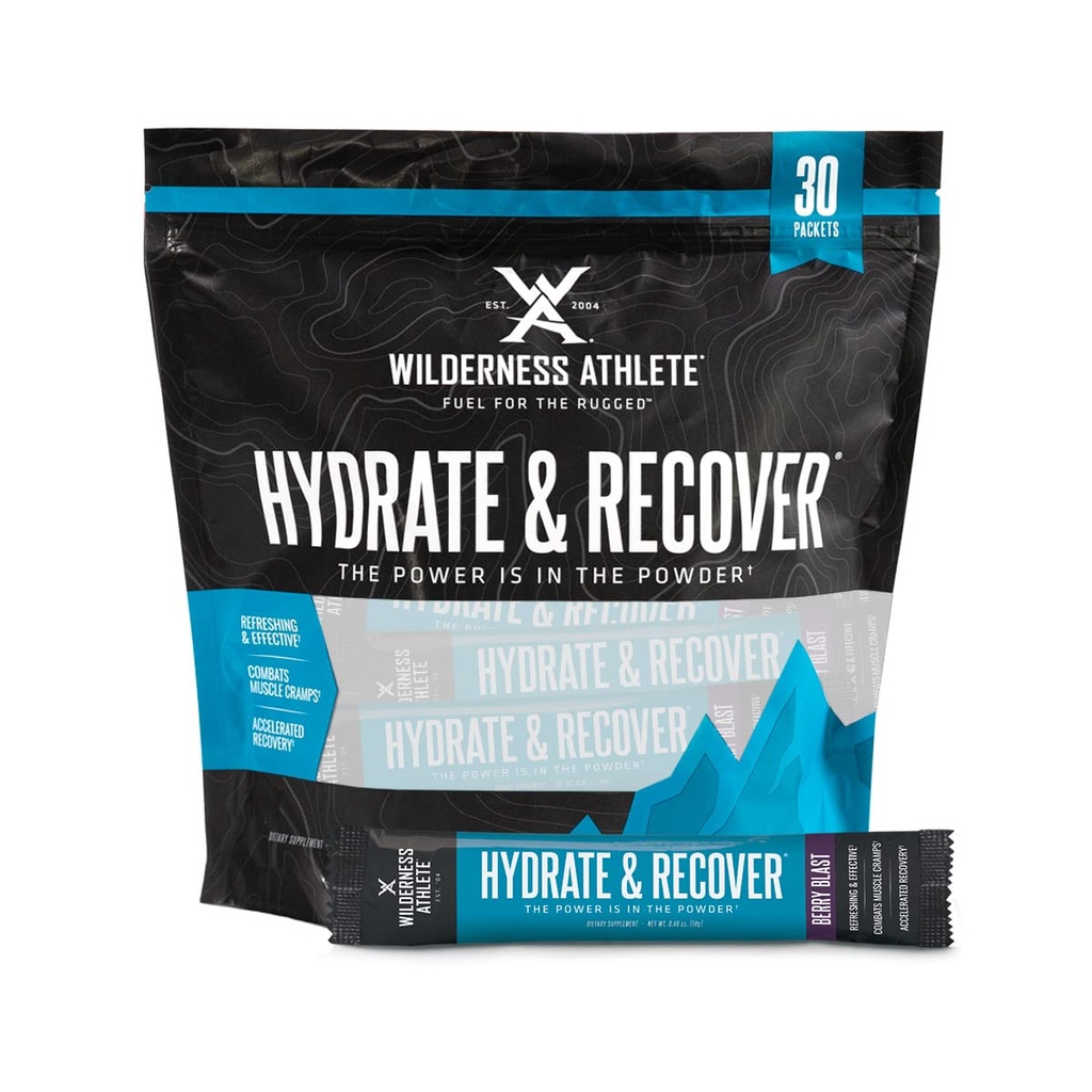 Wilderness Athlet - Hydrate & Recover- 124; Liquid Hydration Packets Electrolyte Drink Mix - Recover Faster with Bcaas - 30 Single Serving Hydrate Packets (Berry Blast), 0.49 Ounce (Balení po 30)