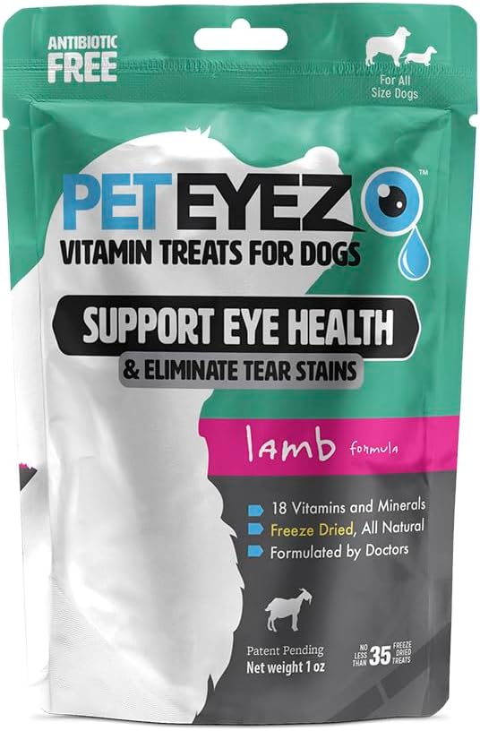 Peteyez Tear Sail Odstranění vitaminové léčby pro psy - Podpora oční zdraví a snížení svědění a slz Sail Buildup - 100% přírodní pes Zachází se Superfoods, Antioxidanty a výživné - Lamb Flavor - 1oz