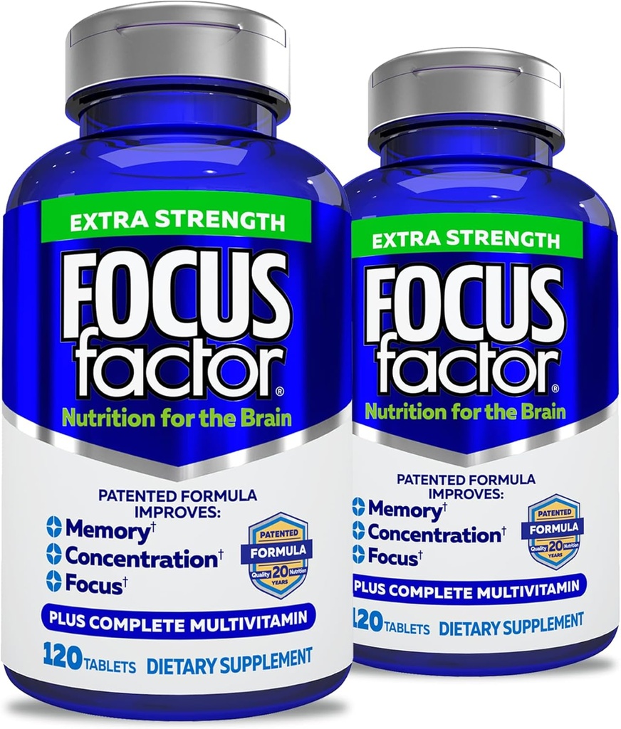 Focus Factor Dospělí Extra Strength, 120 Count- Brain Supplement for Memory, Concentration, Focus - DMAE, Vitamin D, DHA- Brain Health Supplement - Důvěryhodné Balení - Brain Vitamíny, Focus Pills (2 ks)