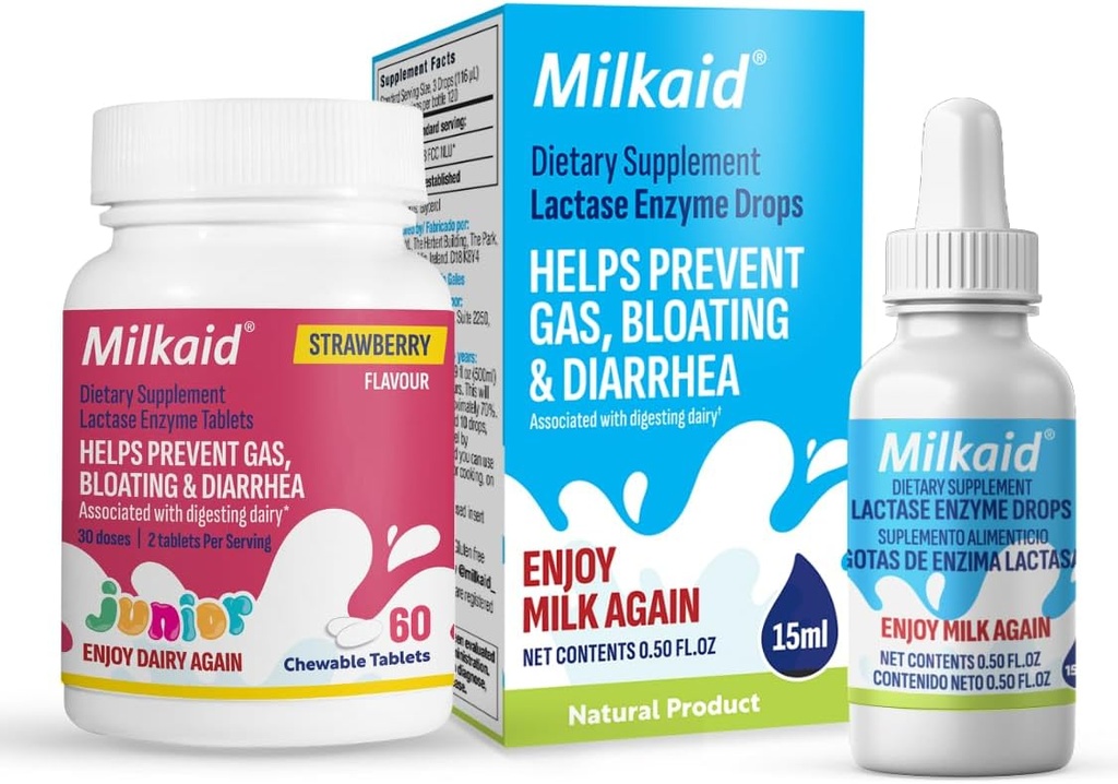 Milkaid Junior Lactase Enzyme Žvýkací tablety pro intoleranci laktózy 124; Prevents Gas, Bloating, Průjem u dětí 124; Rychlé hraní Dairy Digestive Supplement pro děti 124; Jahody Flavor 124; 60 ct (2)