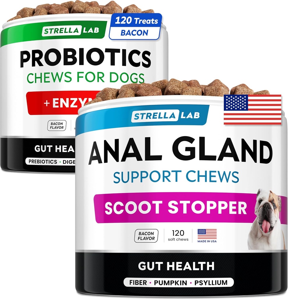 Probiotika + Anální Gland Support Dogs Bundle - Digestivní Enzymy & Prebiotika - Alergie, Průjem, Zácpa a Scoot Léčba - Příplatek na vlákna pro stravu, Gut Health & Imunity - Made in USA